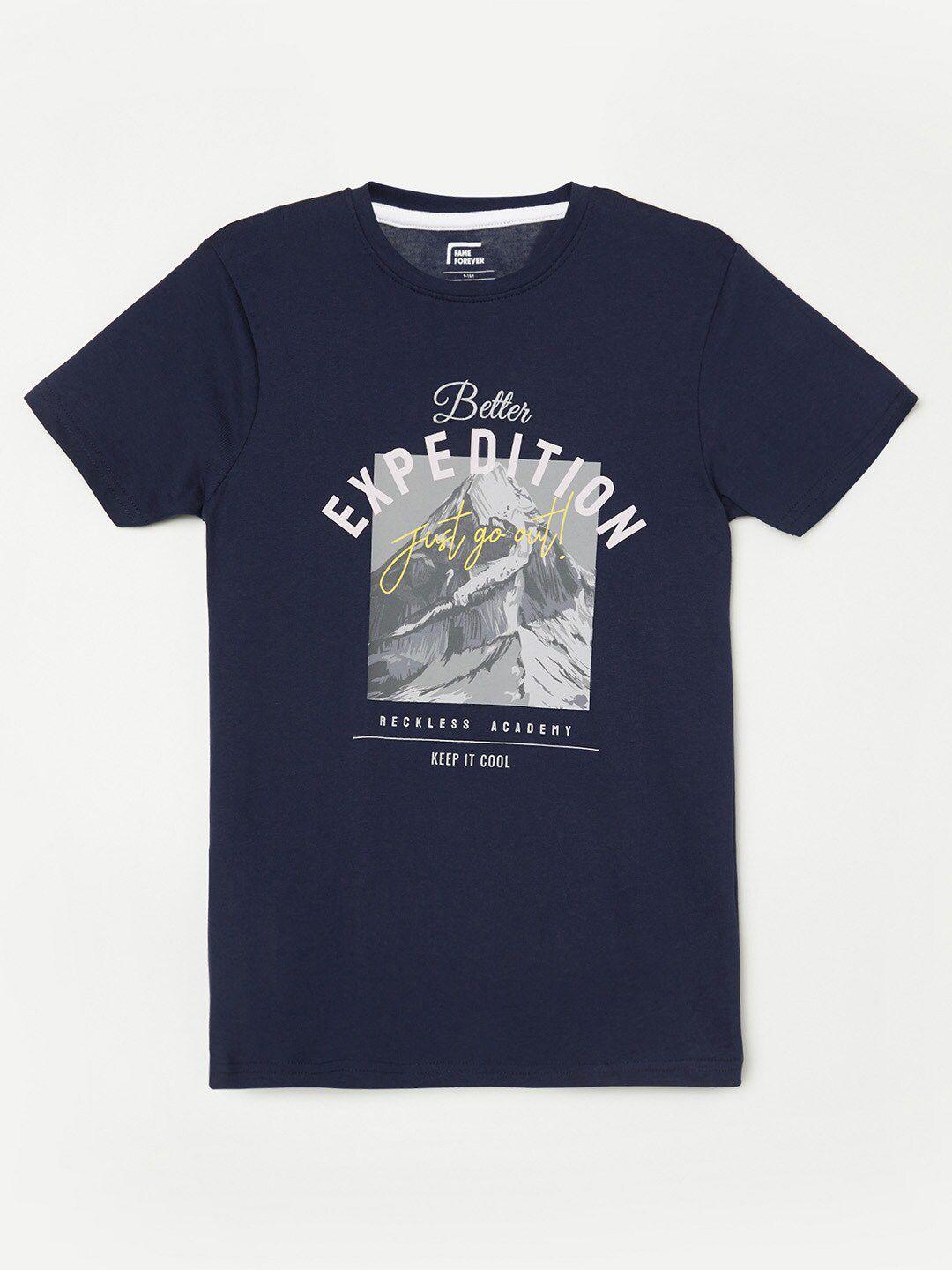fame forever by lifestyle boys navy blue printed pure cotton t-shirt