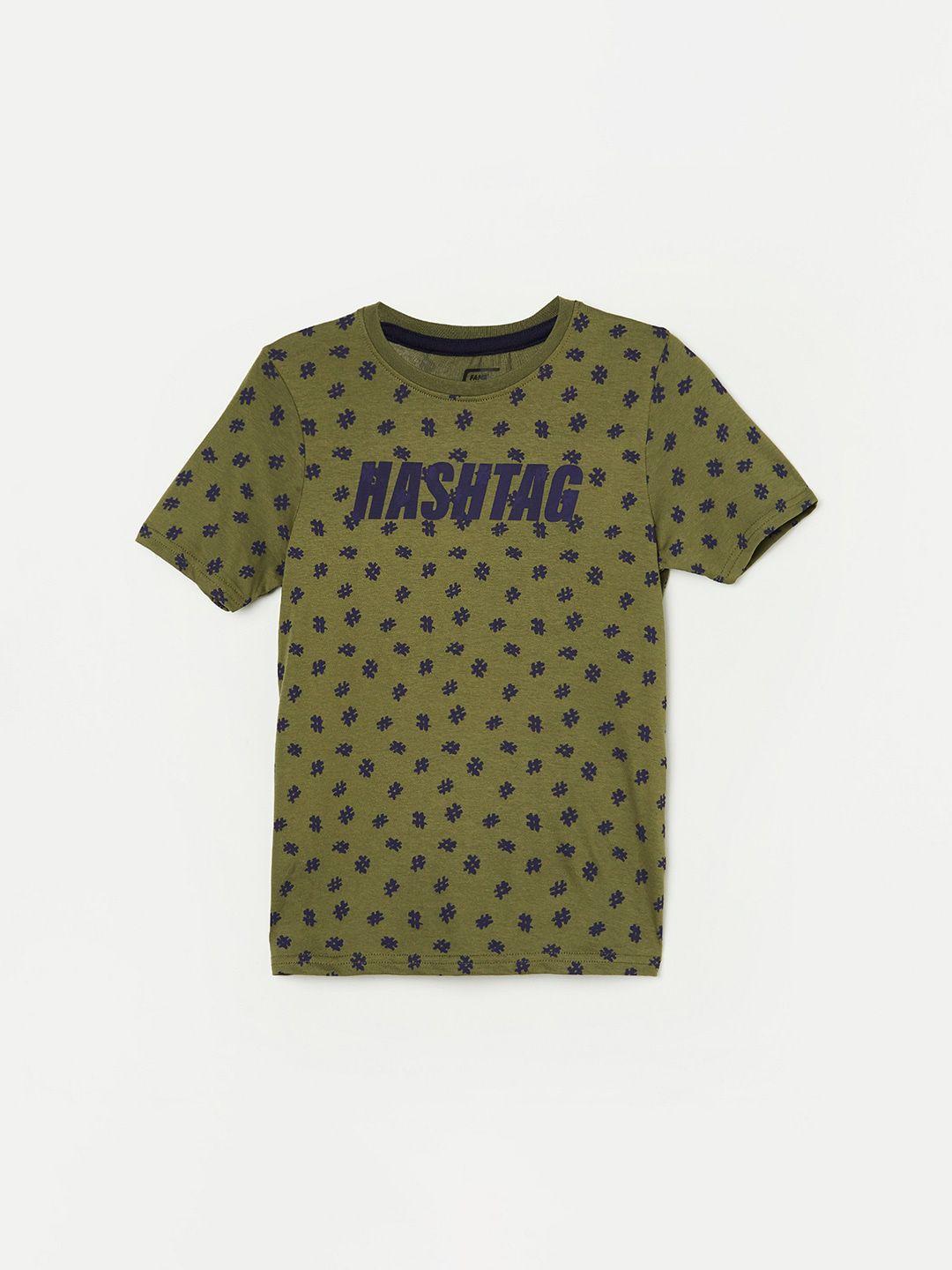 fame forever by lifestyle boys olive green printed pure cotton applique t-shirt