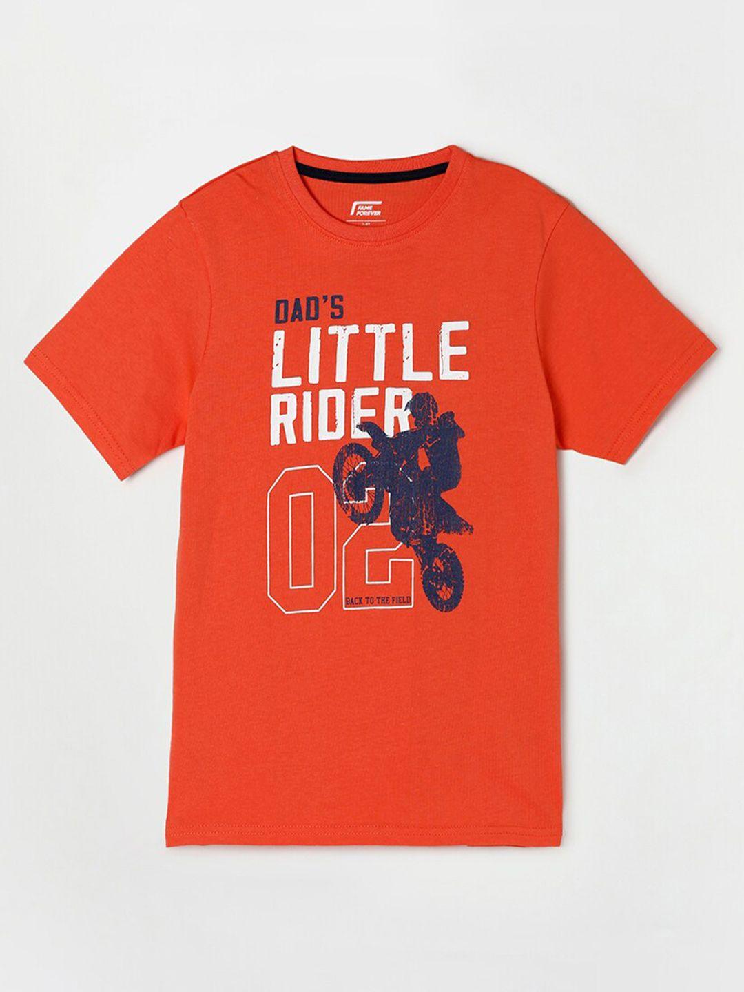 fame forever by lifestyle boys orange & navy blue biker printed pure cotton t-shirt