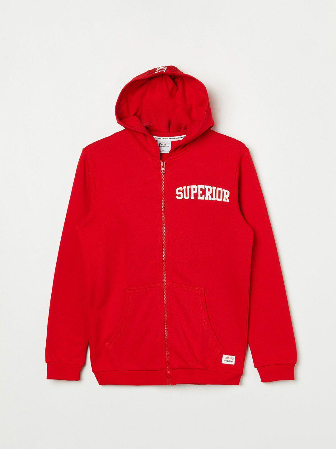 fame forever by lifestyle boys red cotton printed hooded sweatshirt