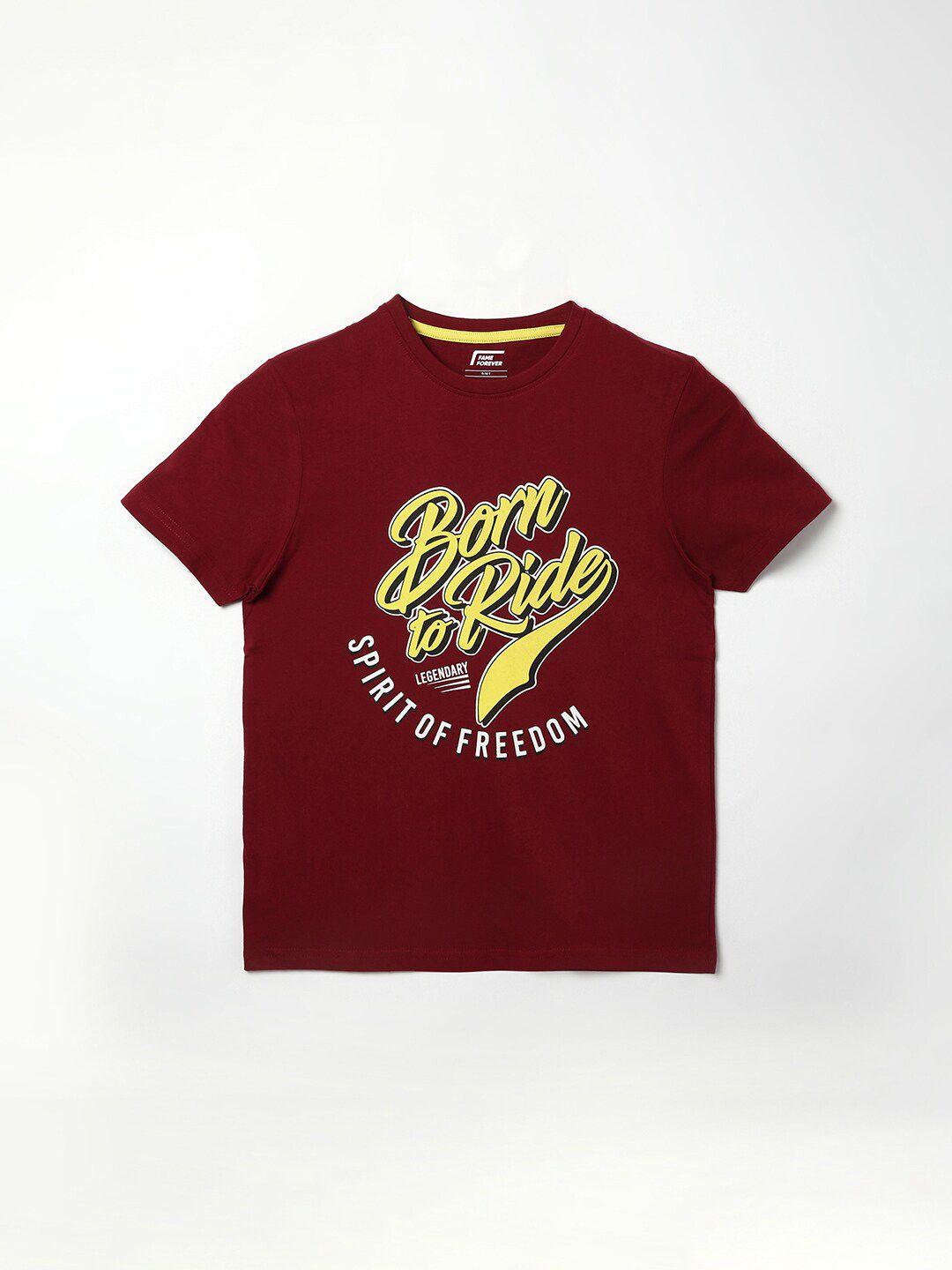 fame forever by lifestyle boys red typography printed pure cotton applique t-shirt