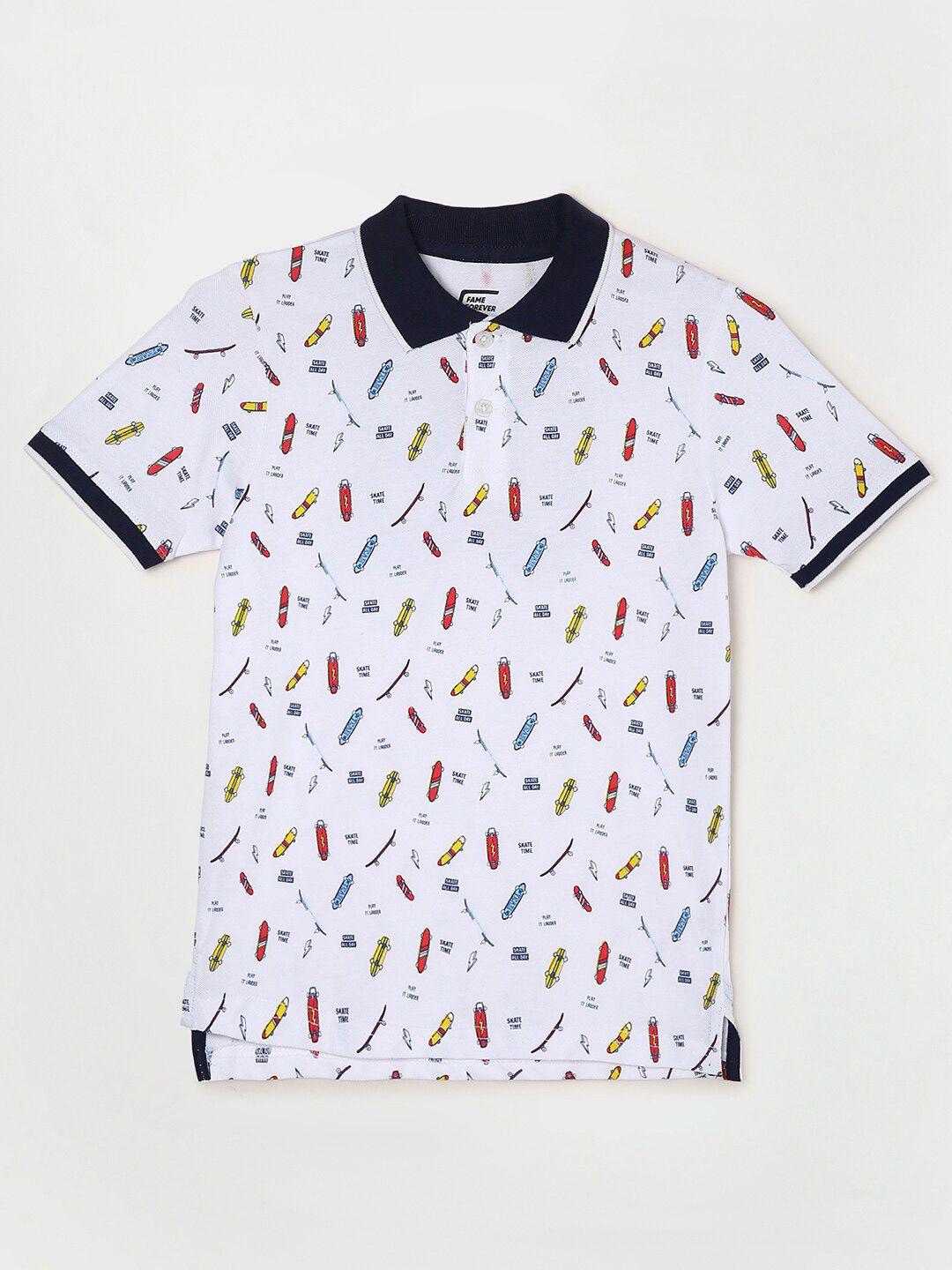 fame forever by lifestyle boys white & blue printed polo collar t-shirt