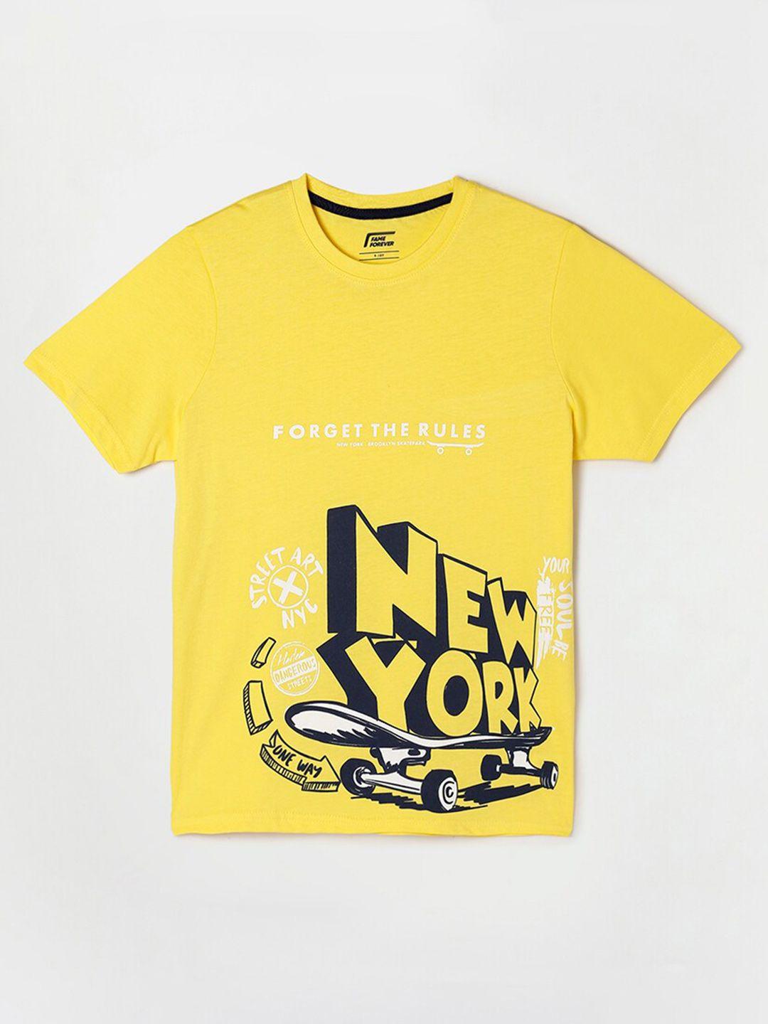 fame forever by lifestyle boys yellow & black typography printed pure cotton t-shirt