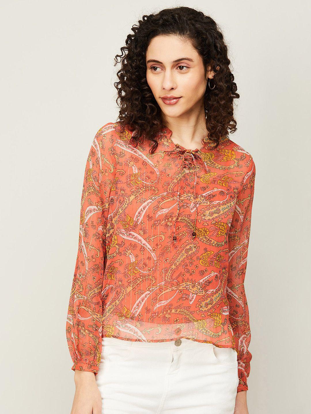 fame forever by lifestyle ethnic motif printed tie-up neck top