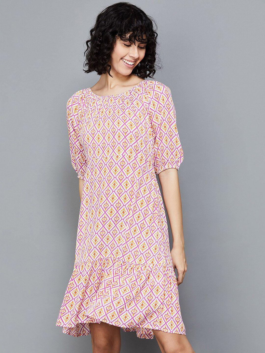 fame forever by lifestyle ethnic printed puff sleeves gathered casual a-line dress