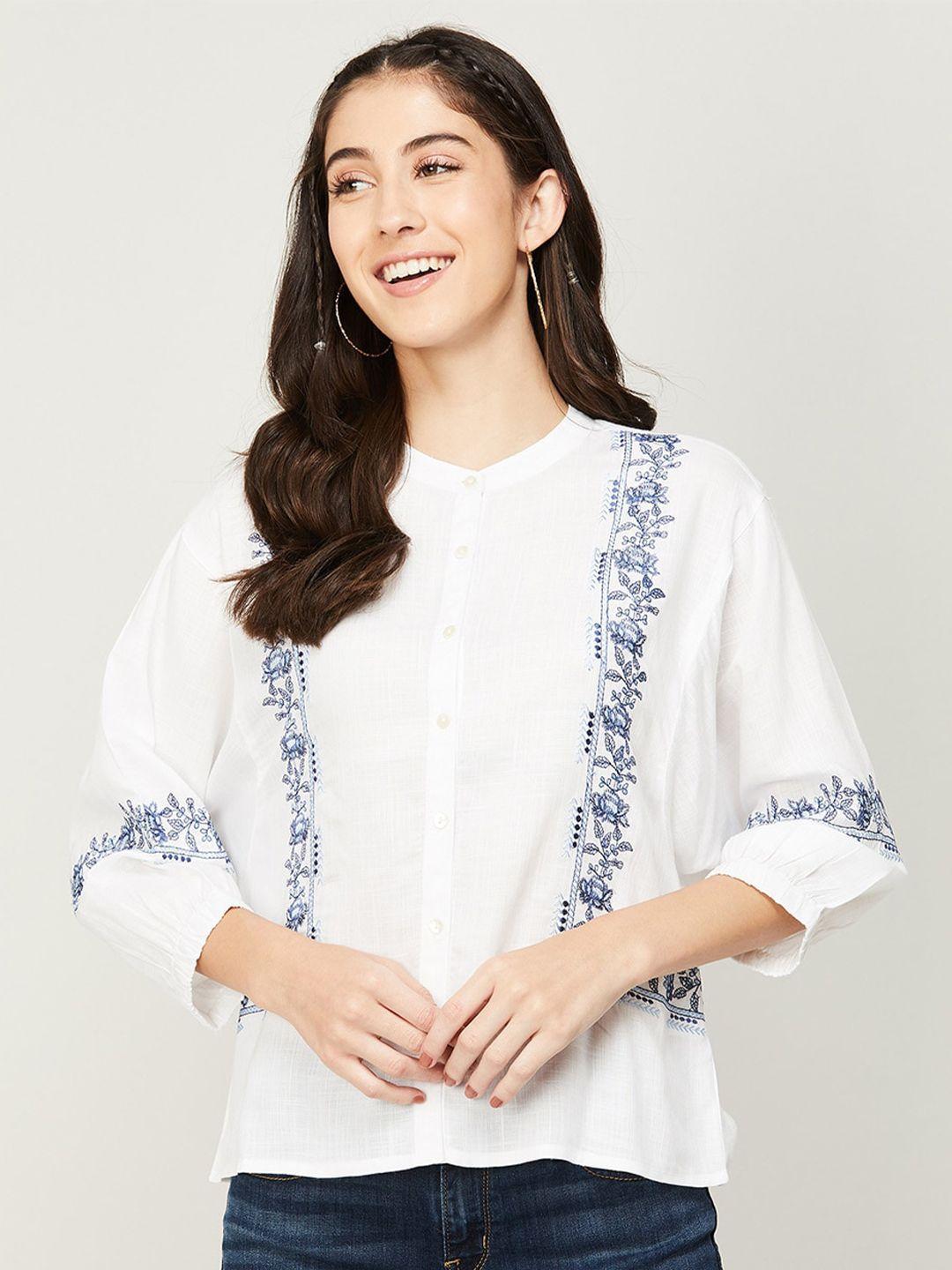 fame forever by lifestyle floral embroidered mandarin collar shirt style top