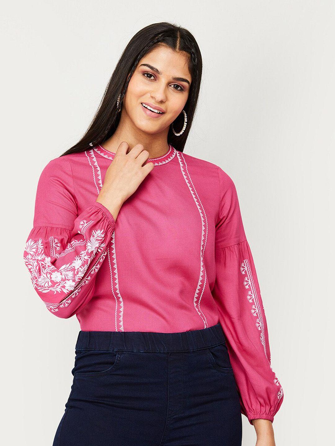 fame forever by lifestyle floral embroidered round neck top