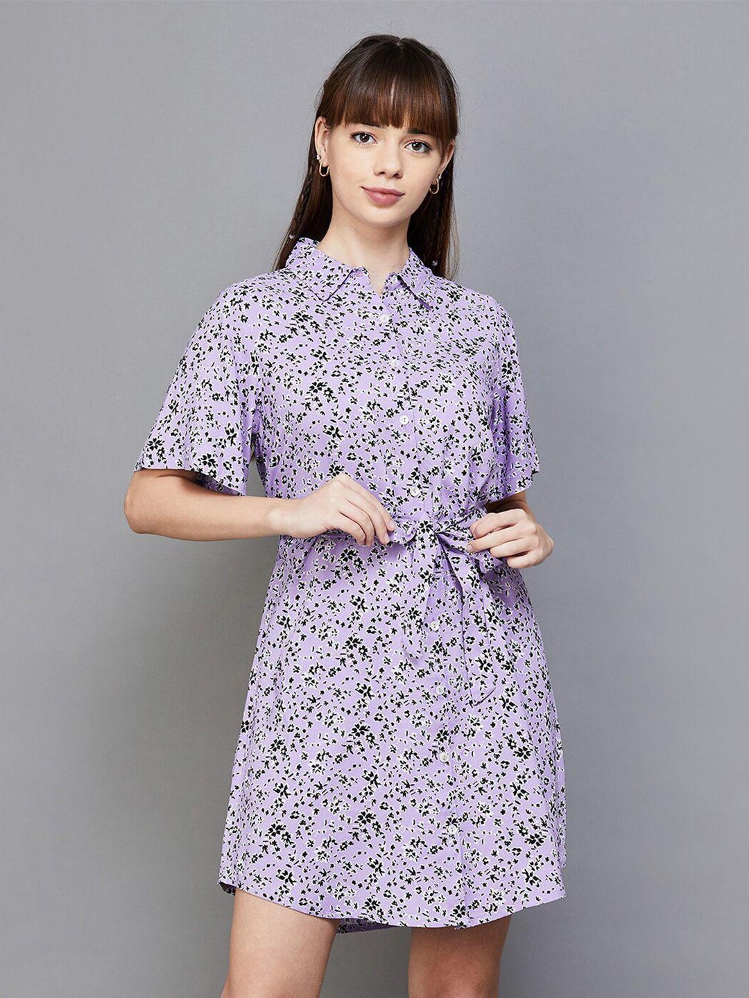 fame forever by lifestyle floral printed belt detailed shirt collar shirt style dress