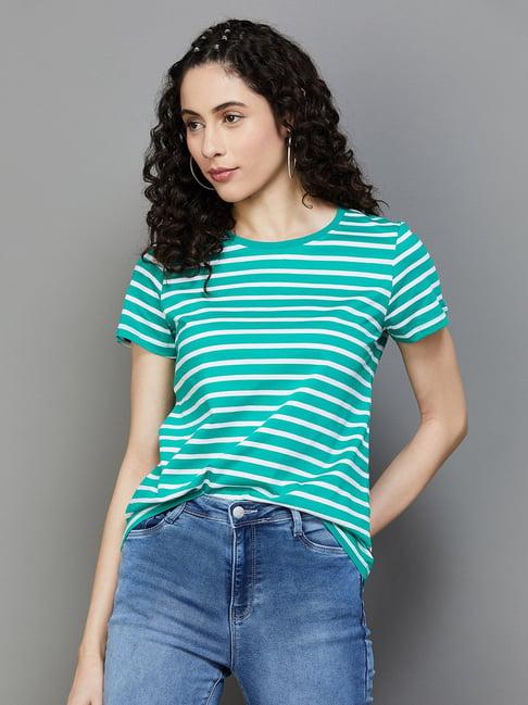 fame forever by lifestyle green & white cotton striped top