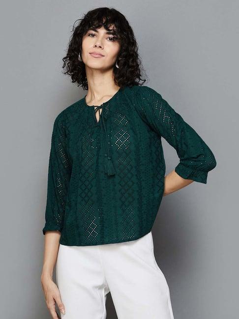 fame forever by lifestyle green cotton embroidered top