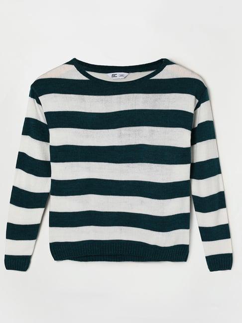 fame forever by lifestyle kids green & white striped full sleeves sweater