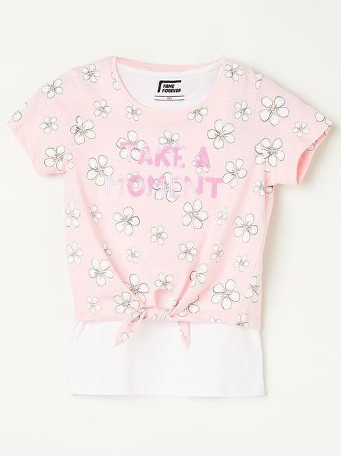 fame forever by lifestyle kids pink & white cotton floral print t-shirt