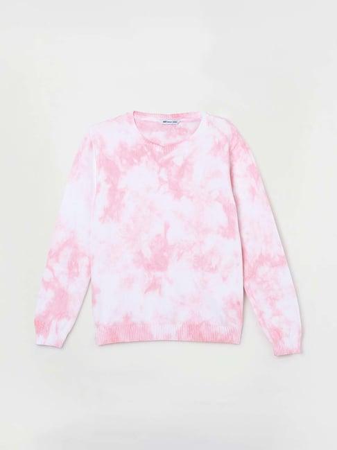 fame forever by lifestyle kids pink & white cotton over dyed full sleeves sweater