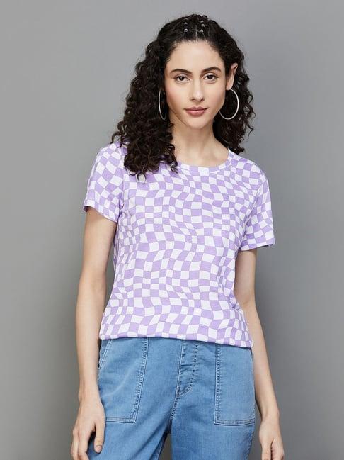 fame forever by lifestyle lilac cotton chequered t-shirt