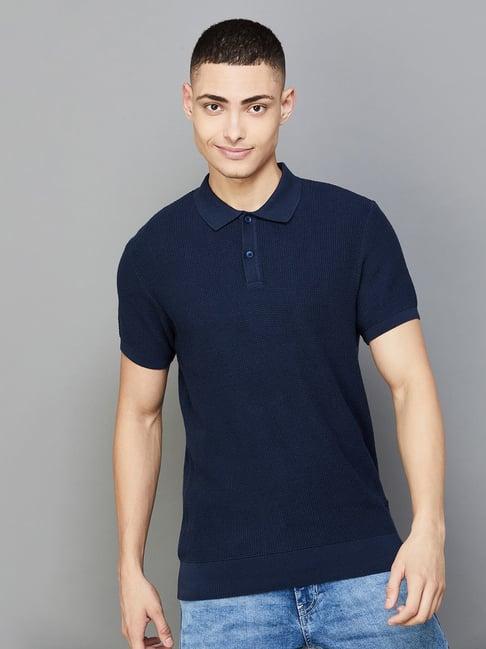 fame forever by lifestyle navy cotton regular fit self pattern polo t-shirt