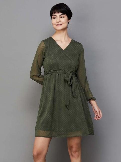fame forever by lifestyle olive green self pattern a-line dress