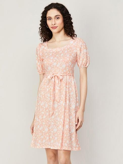fame forever by lifestyle peach floral print fit & flare dress