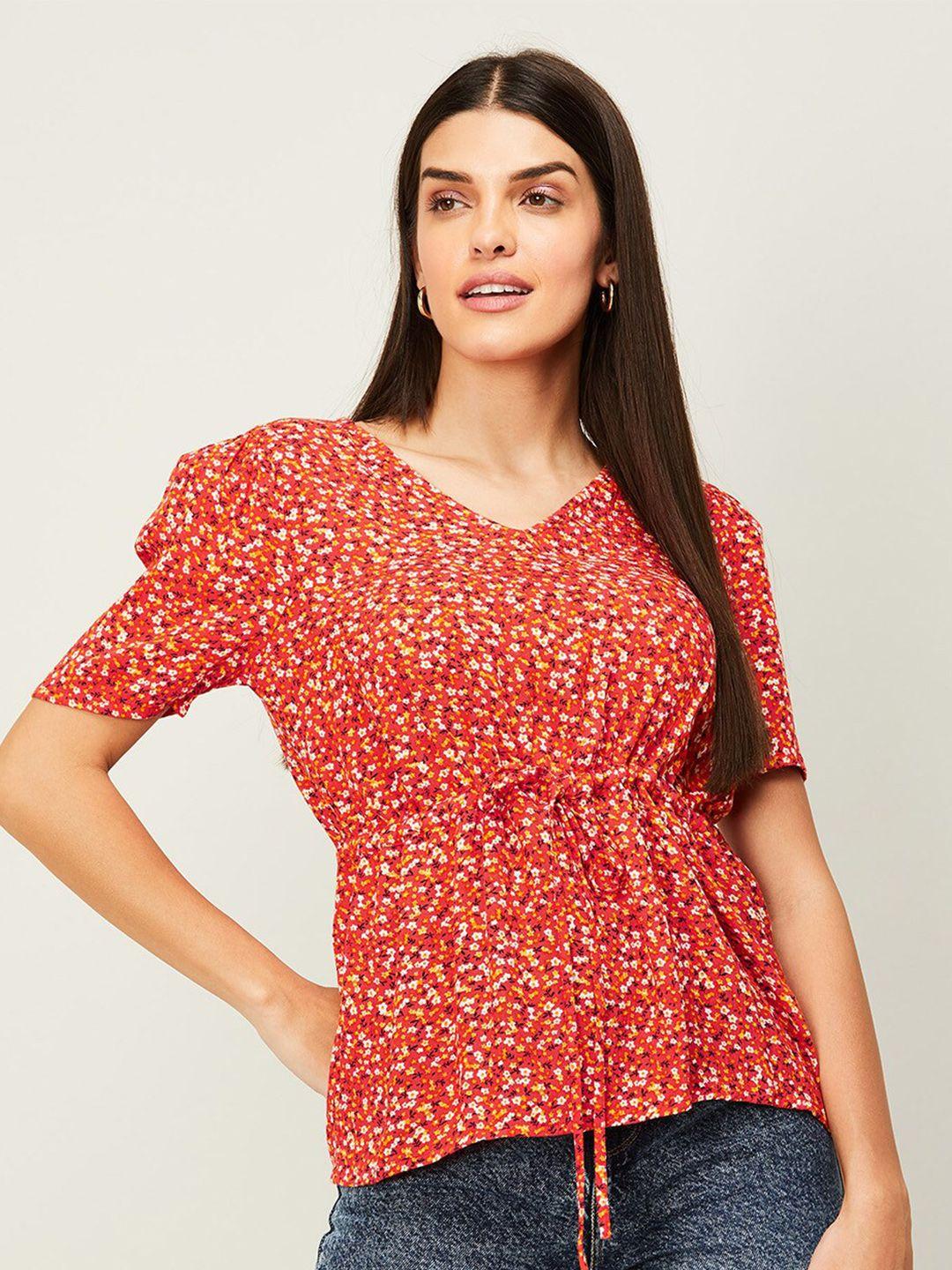 fame forever by lifestyle red floral print cinched waist top