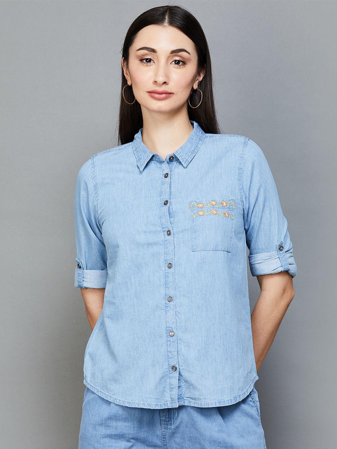fame forever by lifestyle roll-up sleeves embroidered pure cotton shirt style top