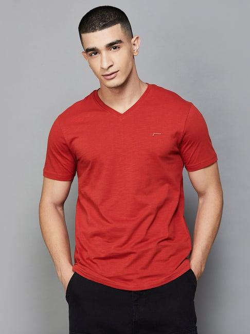 fame forever by lifestyle rust regular fit v neck t-shirt