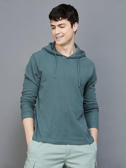 fame forever by lifestyle sage green cotton regular fit hooded t-shirt