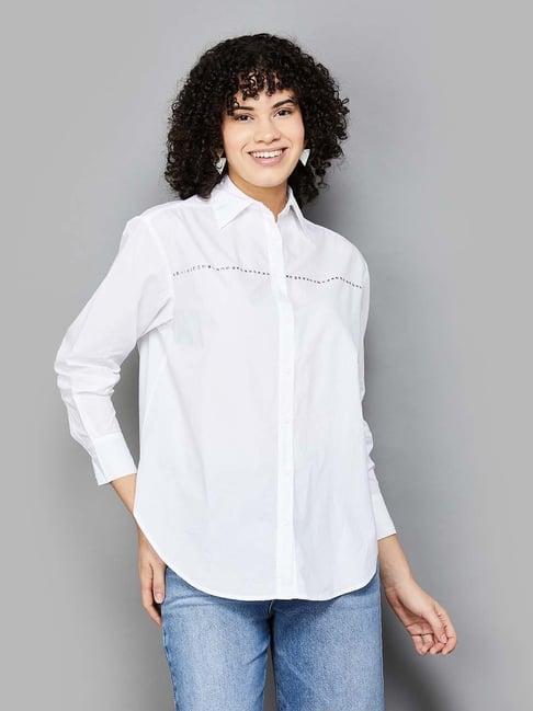 fame forever by lifestyle white cotton embellished shirt