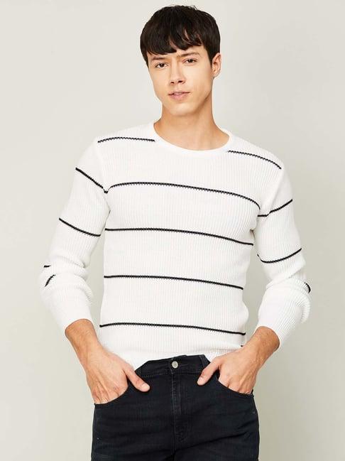 fame forever by lifestyle white regular fit striped sweater