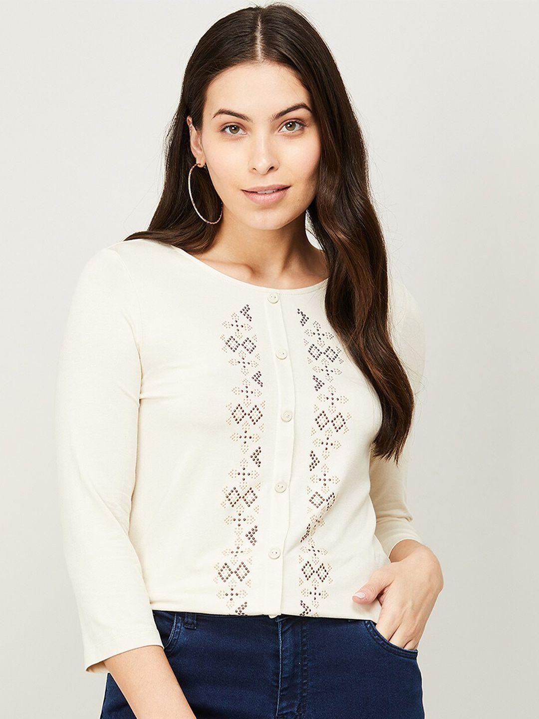 fame forever by lifestyle women beige geometric embellished top