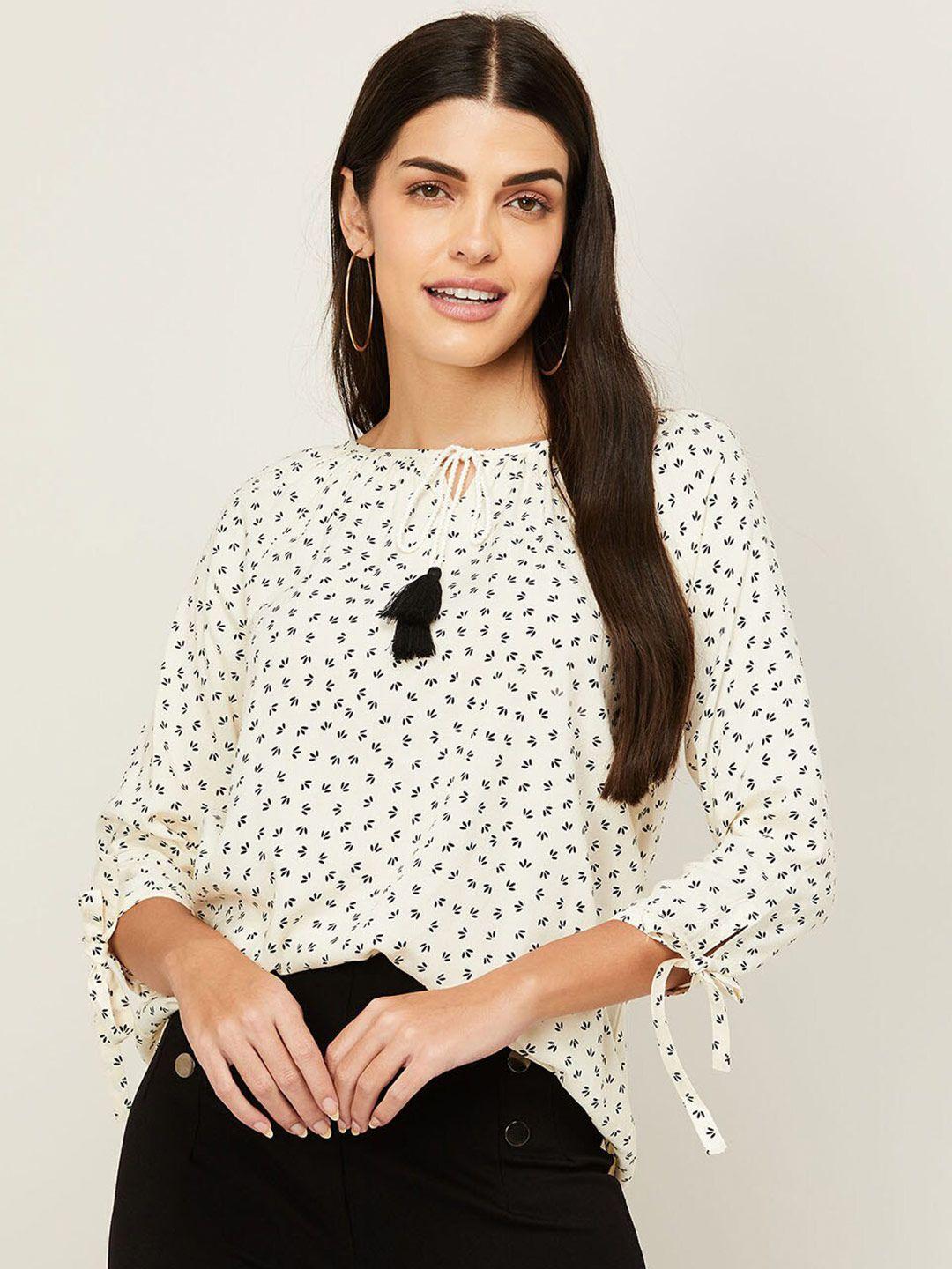 fame forever by lifestyle women cream & black floral print tie-up neck top