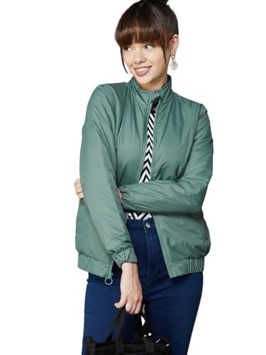 fame forever by lifestyle women green polyester regular fit solid jacket_l