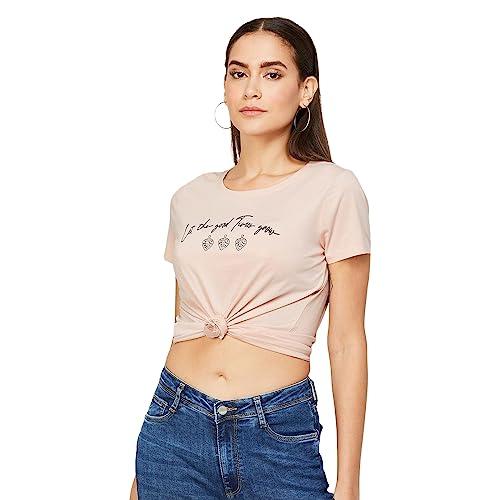 fame forever by lifestyle women peach cotton regular fit printed top_xs