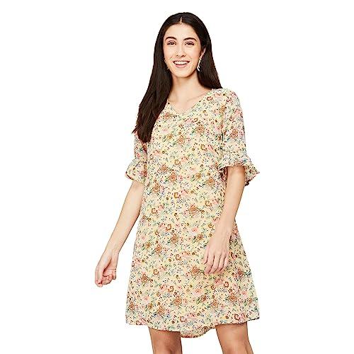 fame forever by lifestyle women yellow gorgette regular fit printed dress_s