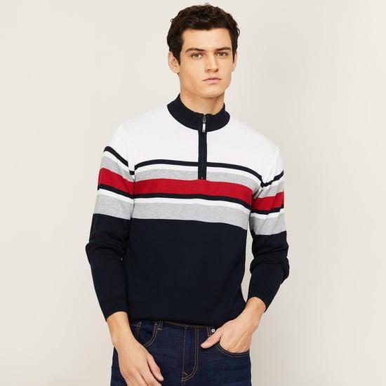 fame forever men striped full sleeve zip-closure sweater