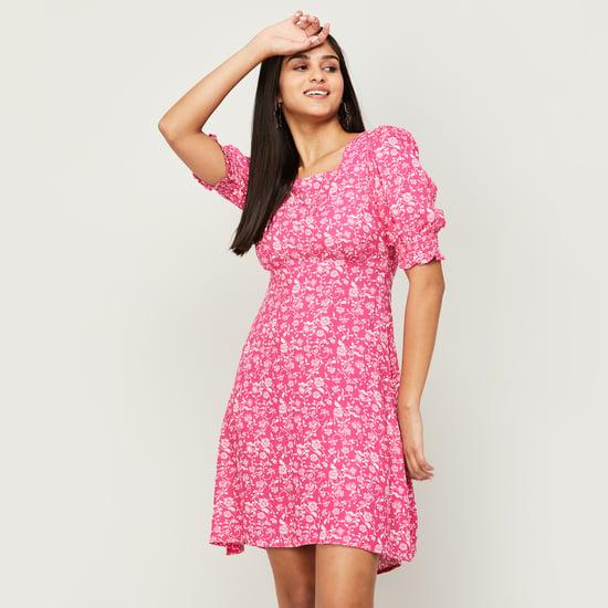 fame forever women floral printed puffed sleeves a-line dress