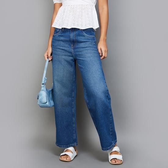 fame forever women mid-wash wide leg jeans