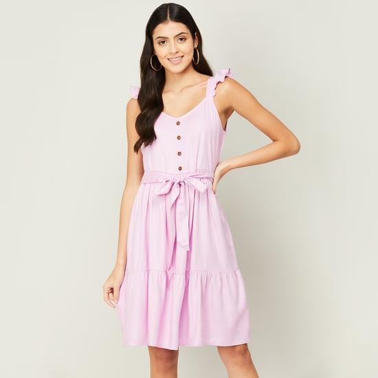 fame forever women solid a-line dress with fabric belt