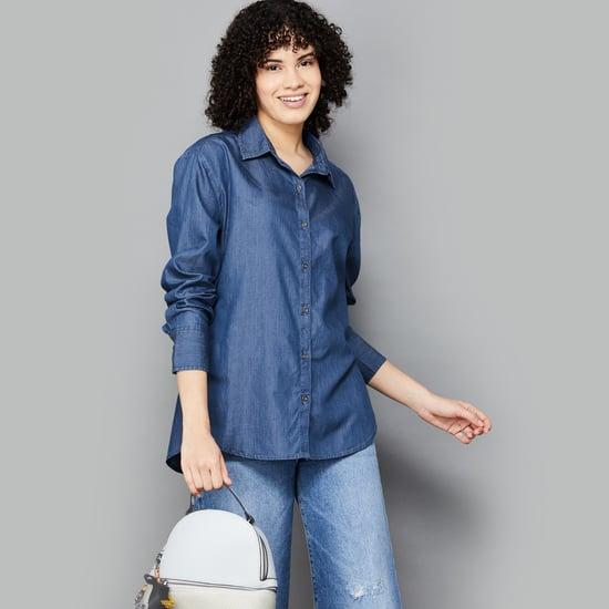 fame forever women solid casual denim shirt