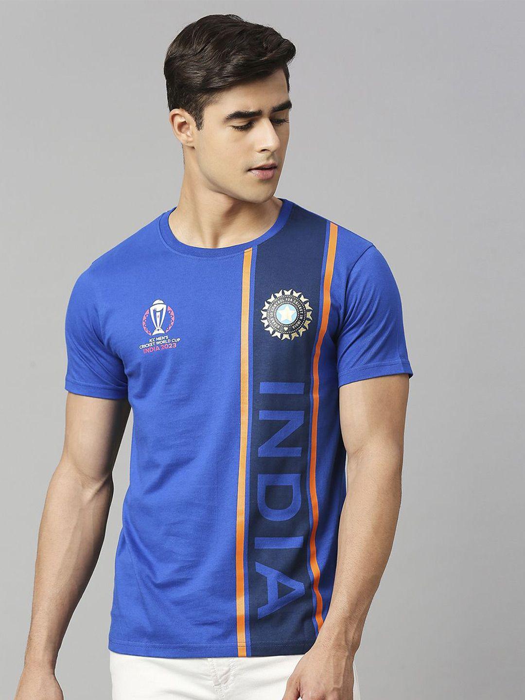 fancode men blue colourblocked bio finish applique t-shirt