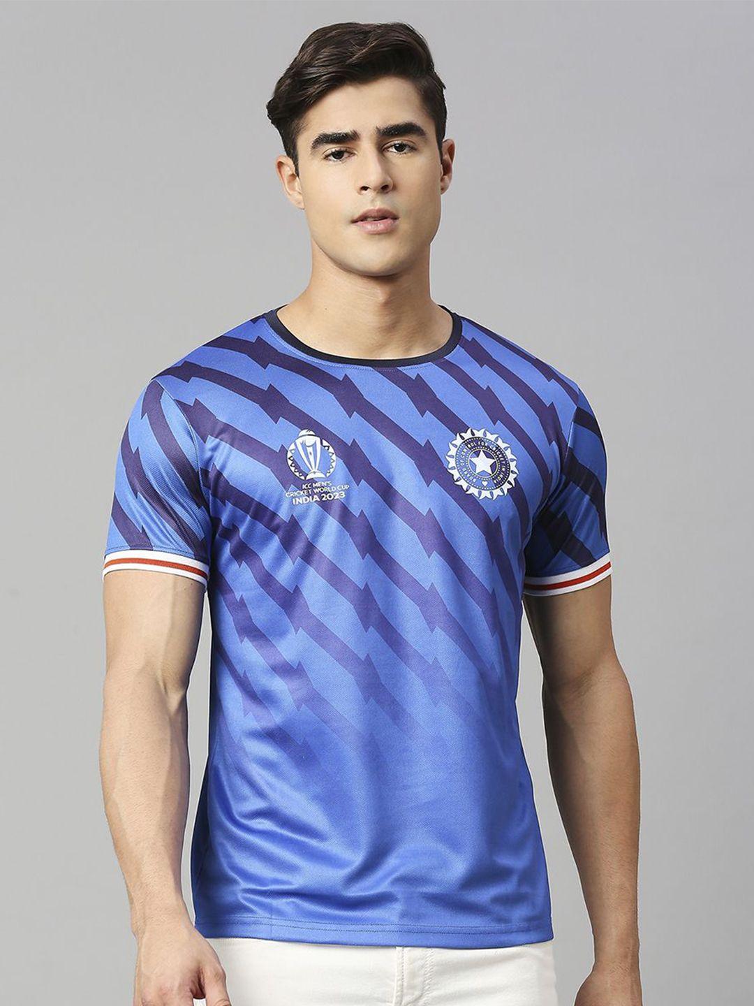 fancode men blue printed extended sleeves bio finish applique t-shirt