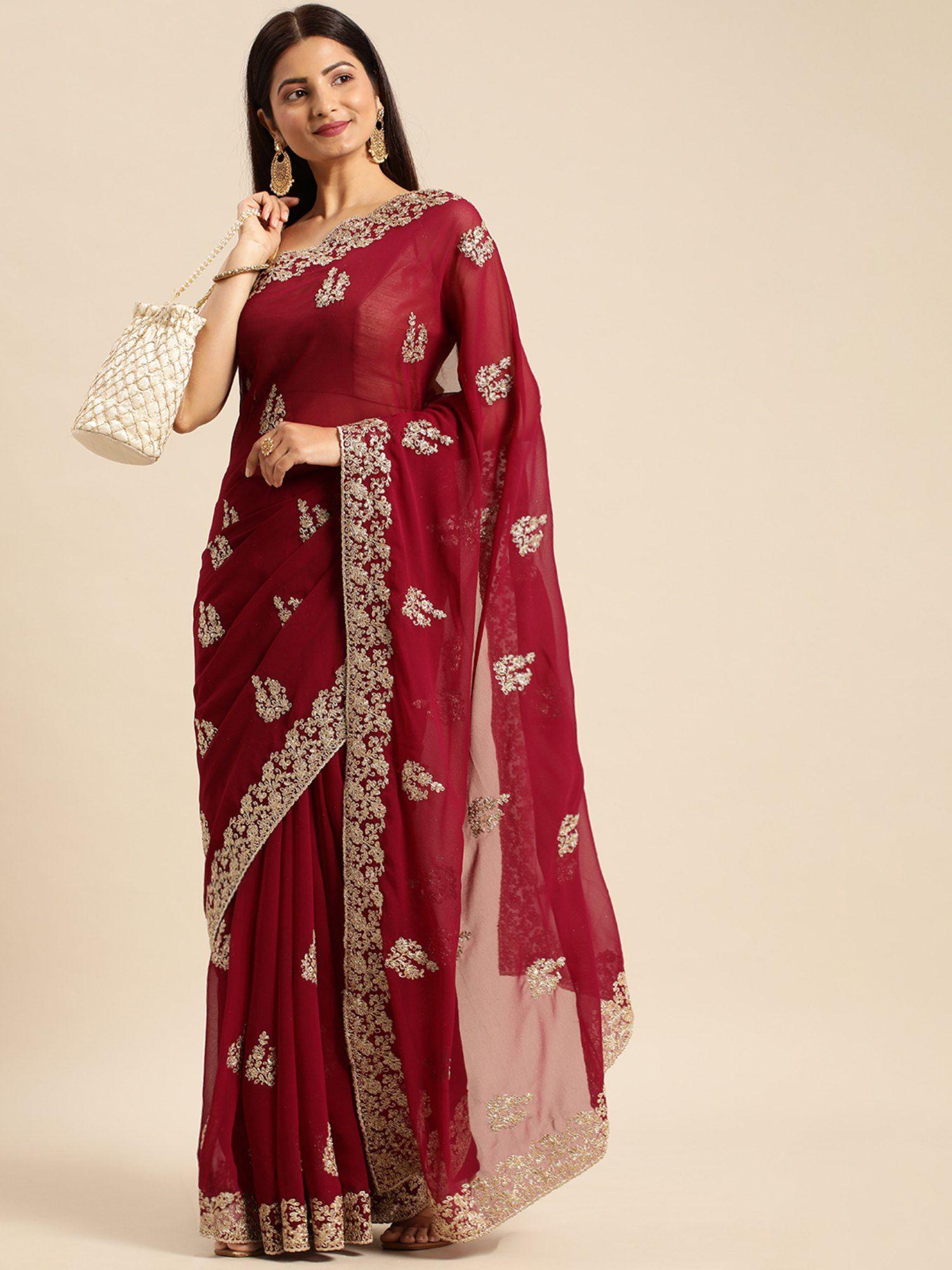 fancy maroon saree with unstitched blouse with unstitched