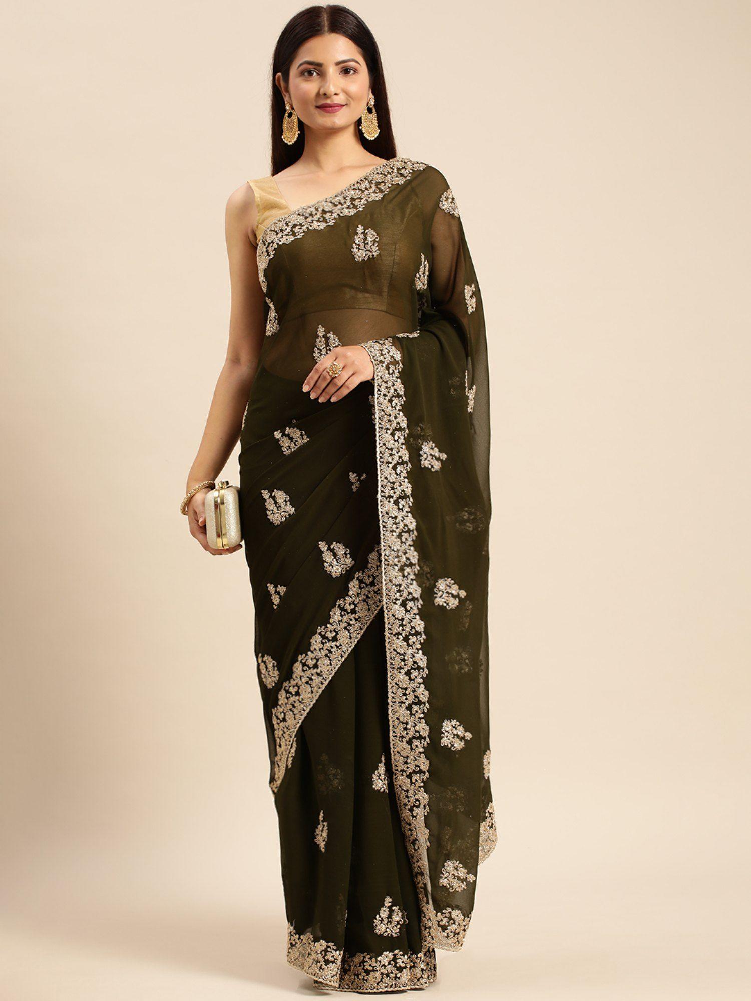 fancy mehndi green saree with unstitched blouse with unstitched