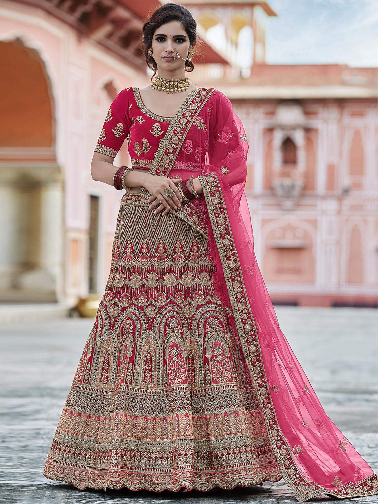 fancy pink semi stitched lehenga with unstitched blouse (set of 3)