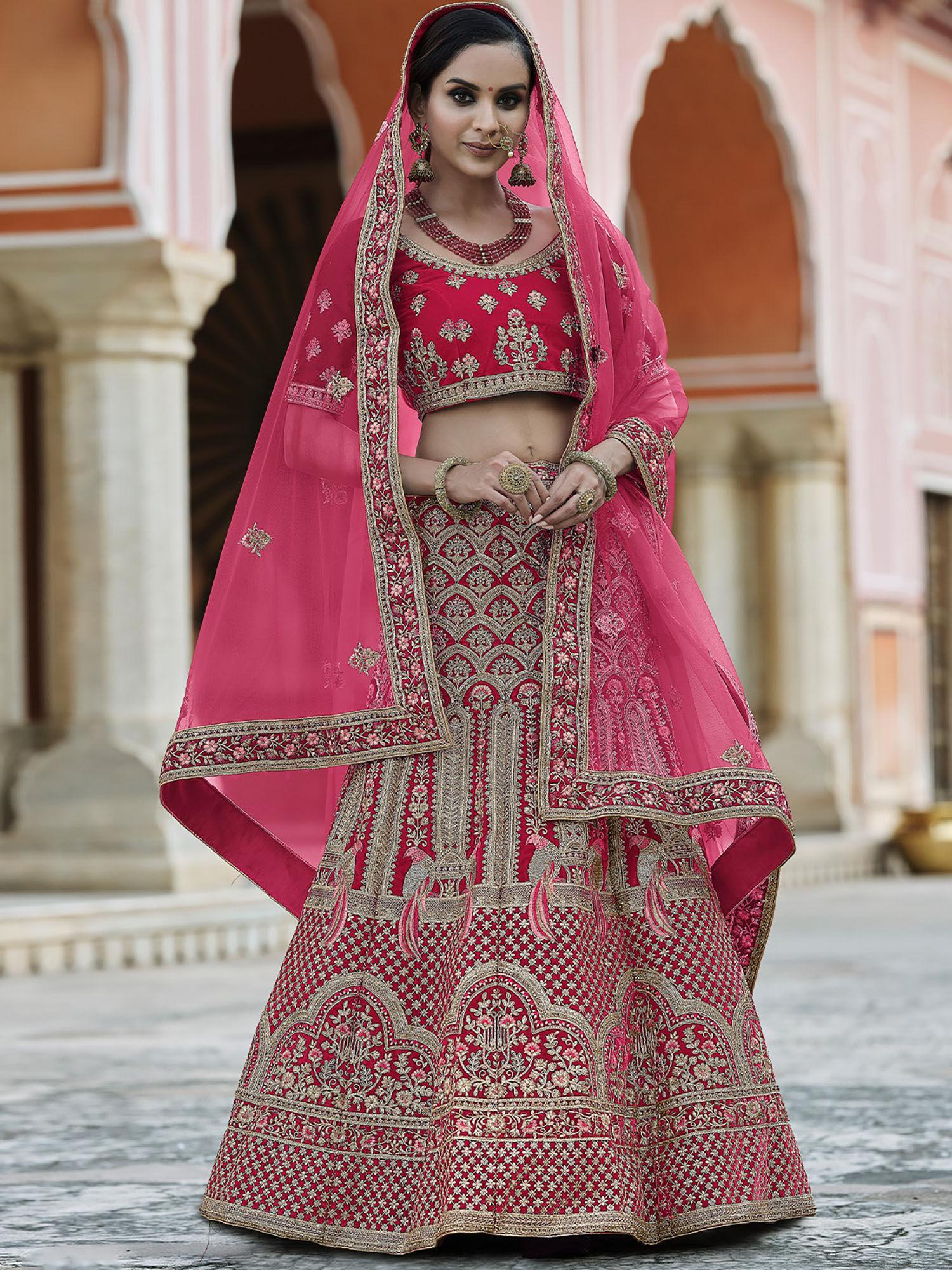 fancy pink semi stitched lehenga with unstitched blouse (set of 3)