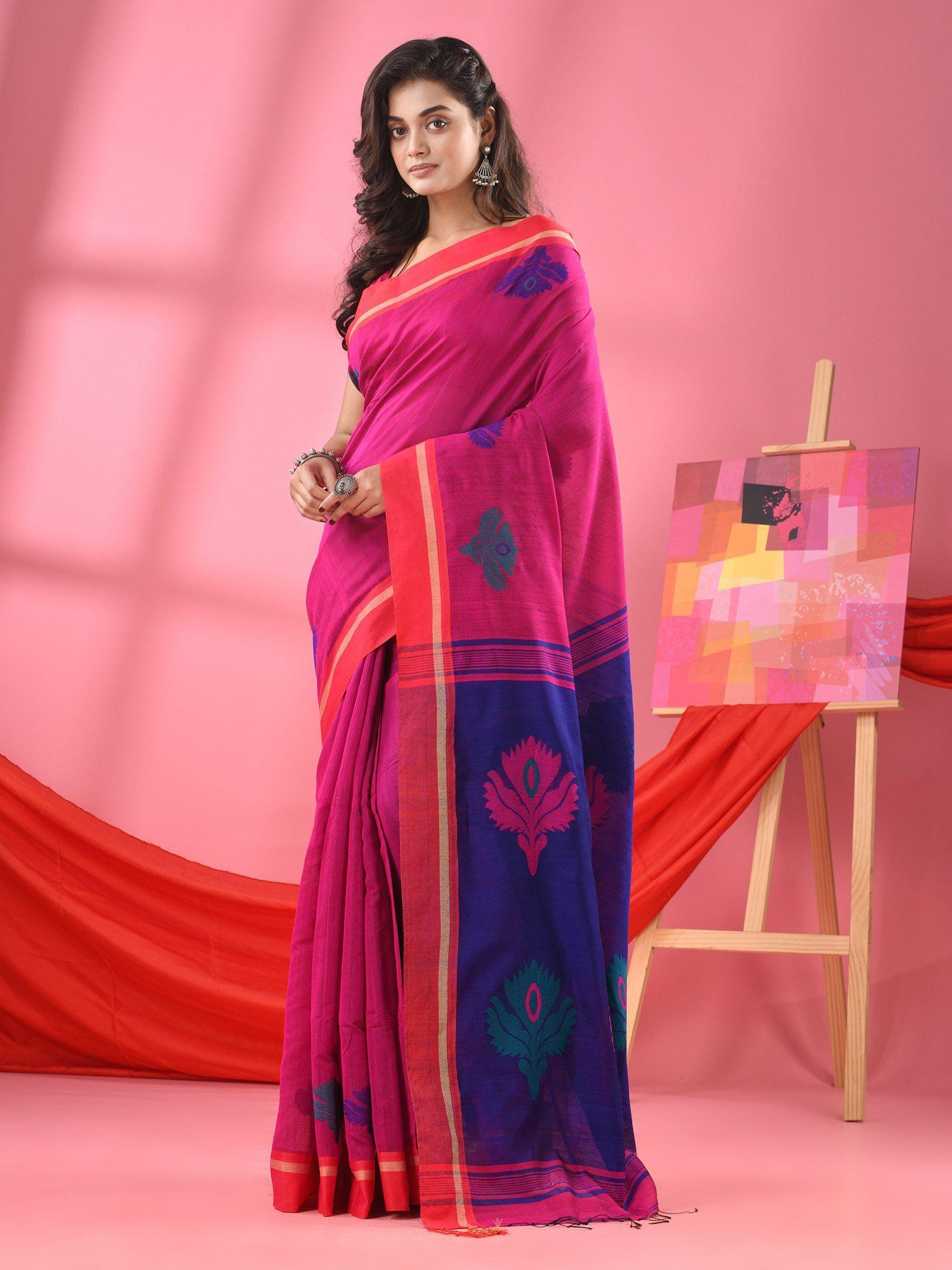 fandango pink cotton blend jacquard work handloom saree with unstitched blouse