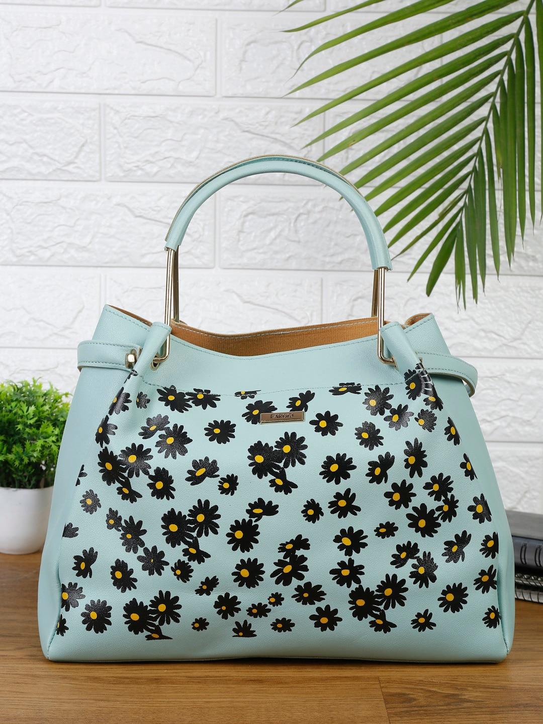fargo sea green & black floral printed pu structured handheld bag