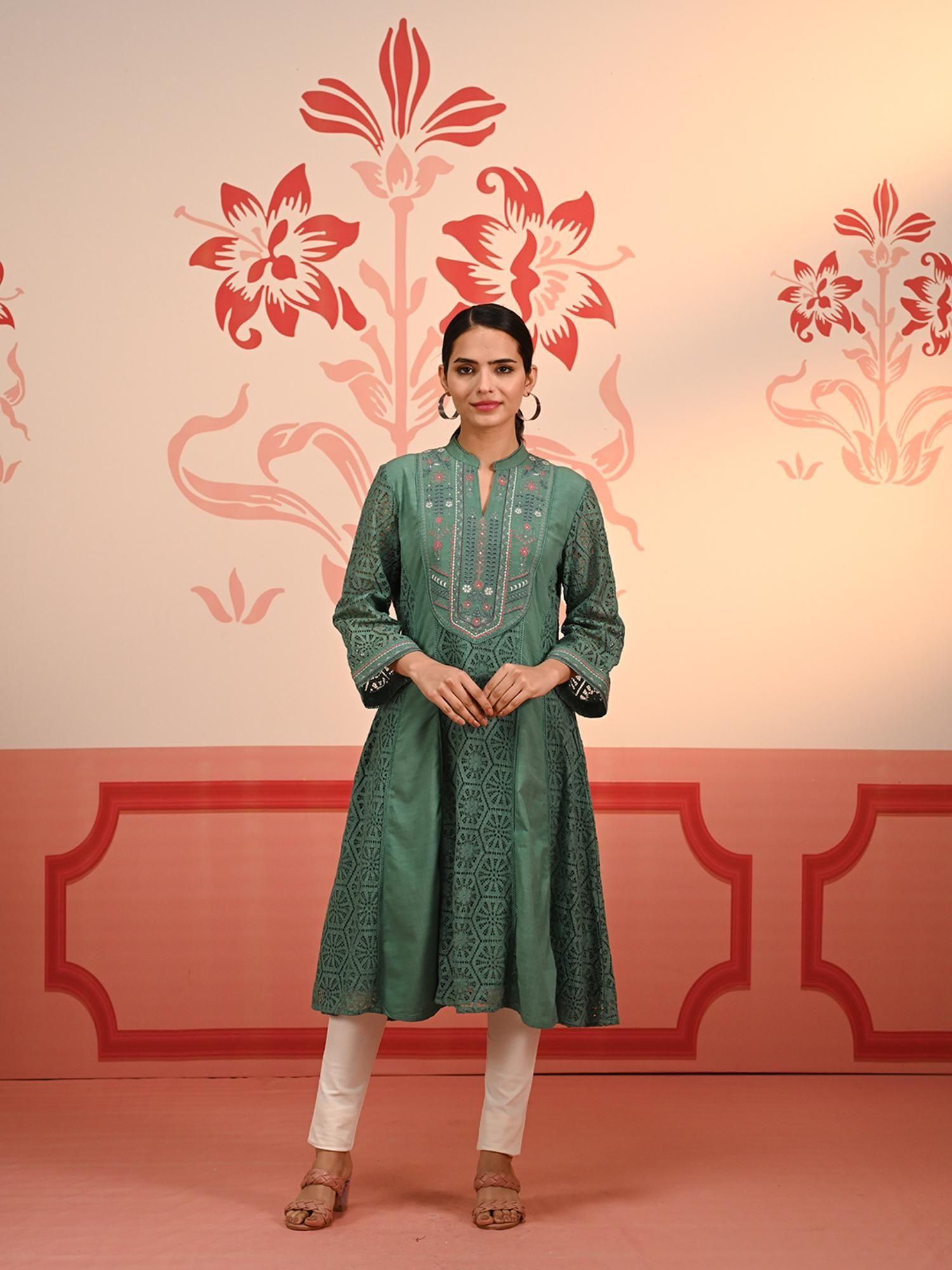 fariha carnation sea green embroidered raschel net kurta