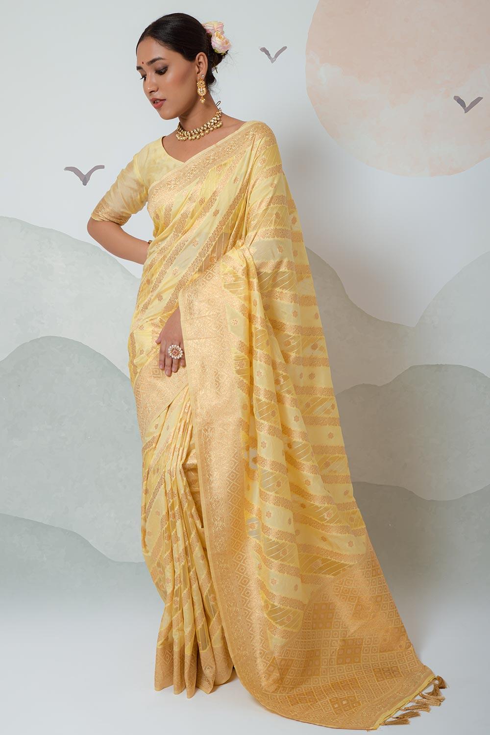 fascinating lemon yellow organza silk saree with blouse