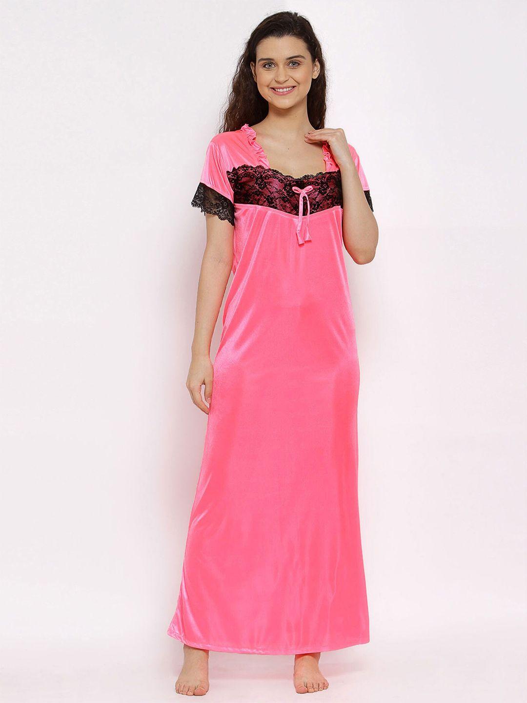 fasense women pink solid satin maxi night dress