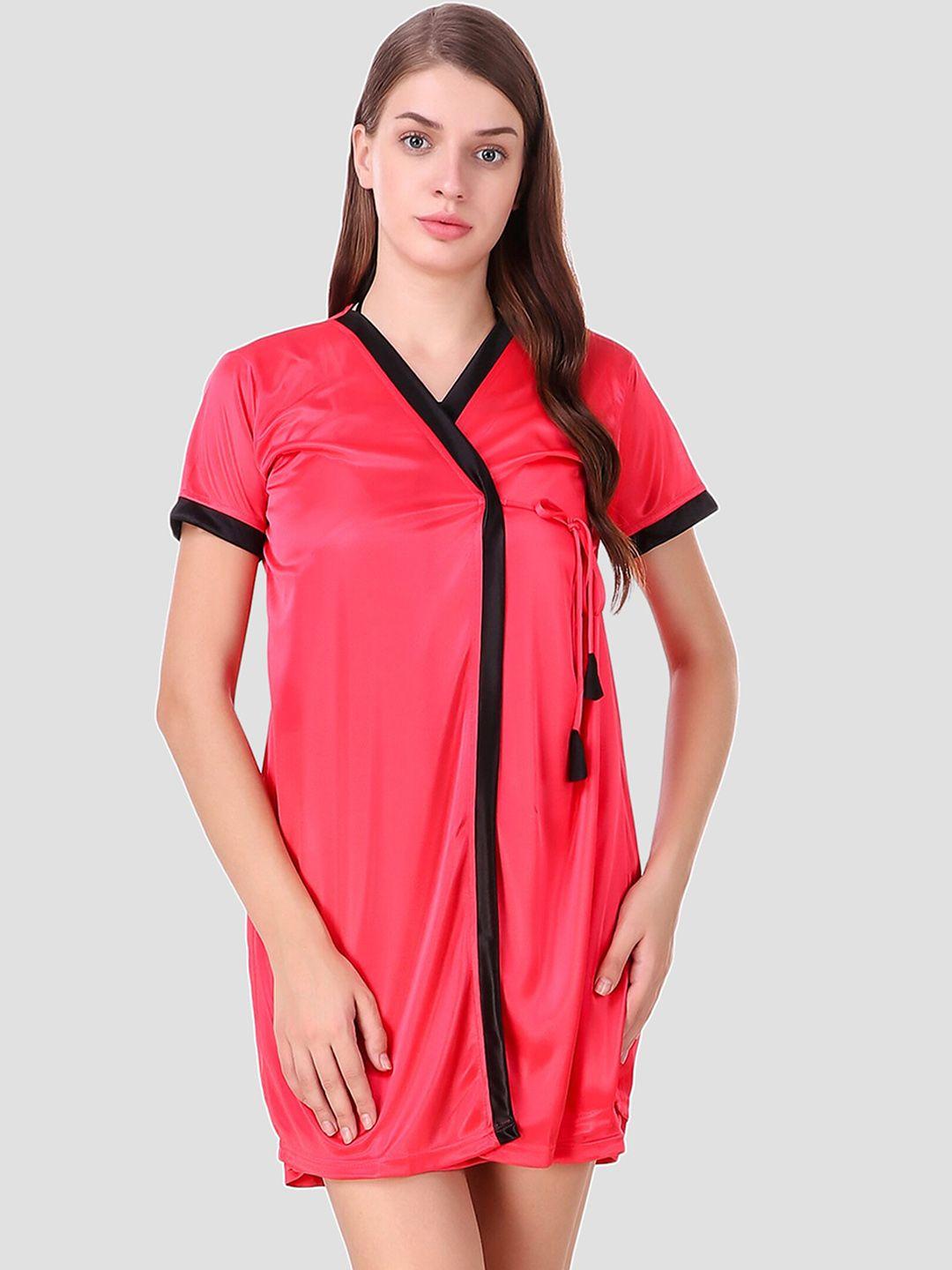 fasense women pink solid short wrap gown robe