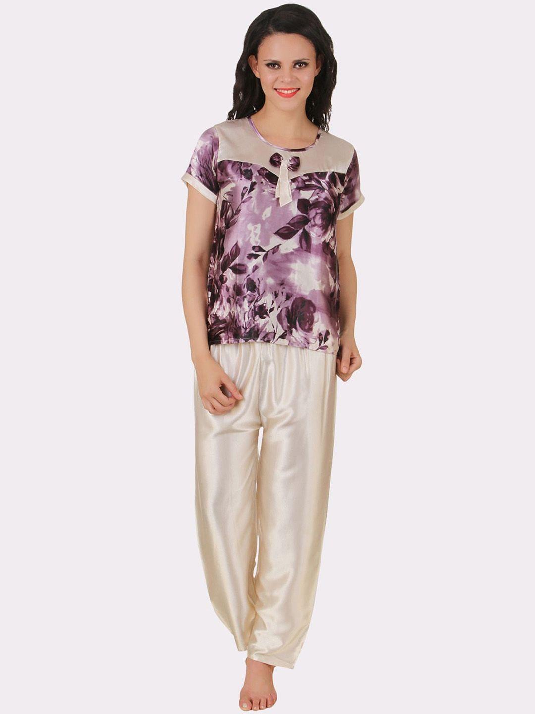 fasense women purple & cream-coloured printed night suit pd123a1